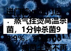 进门前vs.进门后．蒸气挂烫高温杀菌，1分钟杀菌99.9％．杀螨100%    病菌尘螨不再有