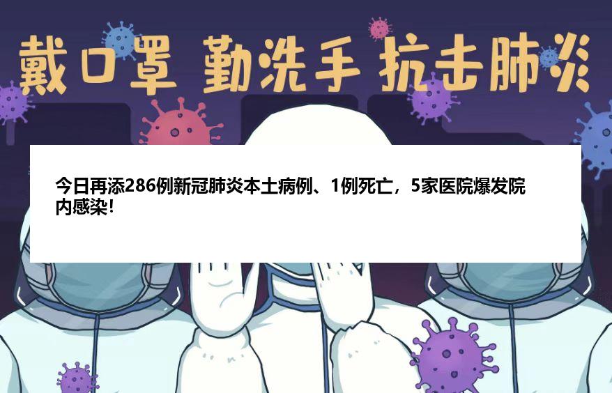 今日再添286例新冠肺炎本土病例、1例死亡，5家医院爆发院内感染！